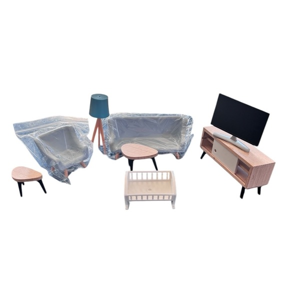 Miniature Dollhouse Living Room Furniture 8PC Blue Natural Wood Collector Mini - Picture 1 of 4